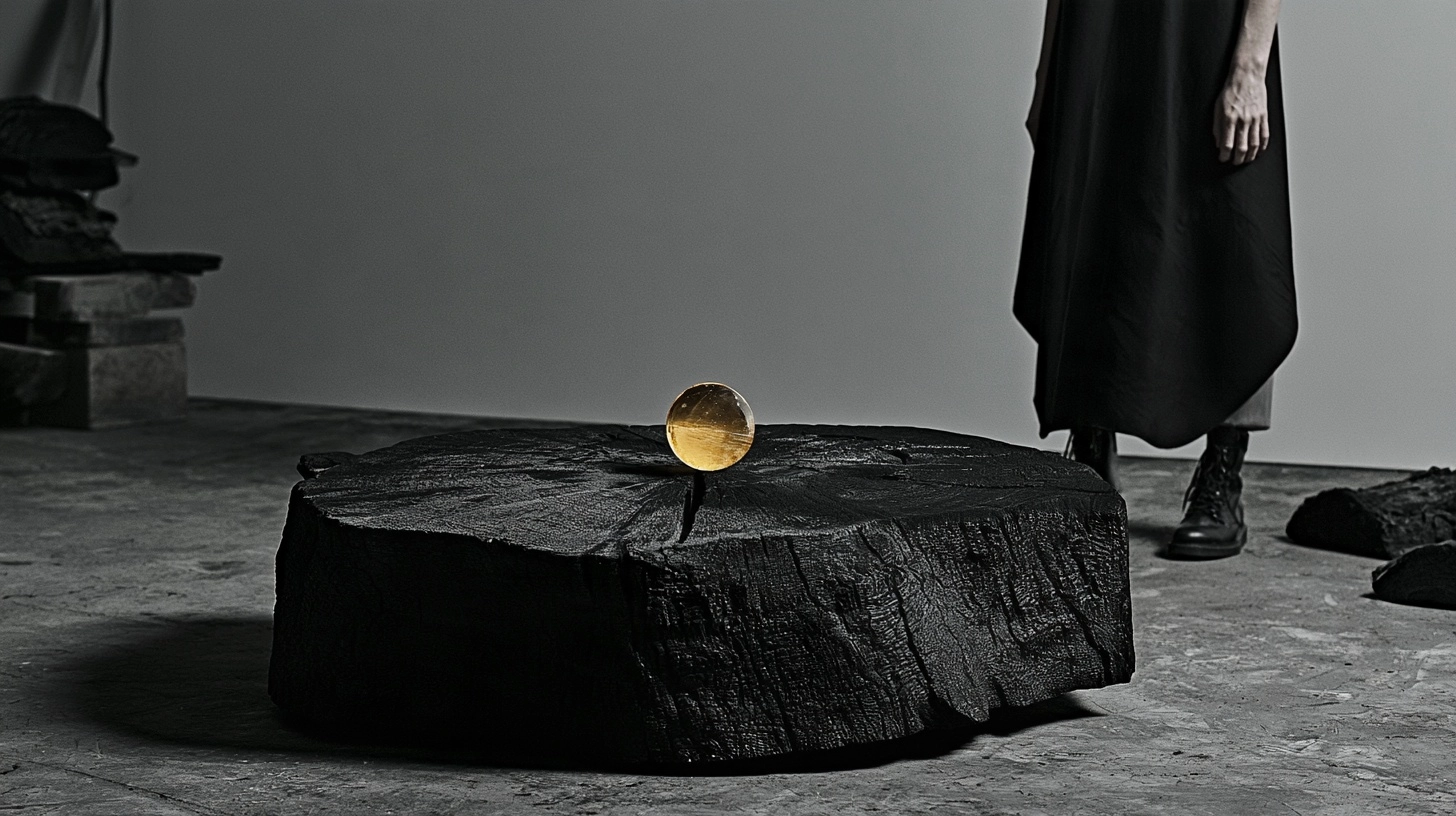 A luminous golden orb sits atop a dark, heavy wooden log in a dimly lit studio setting.