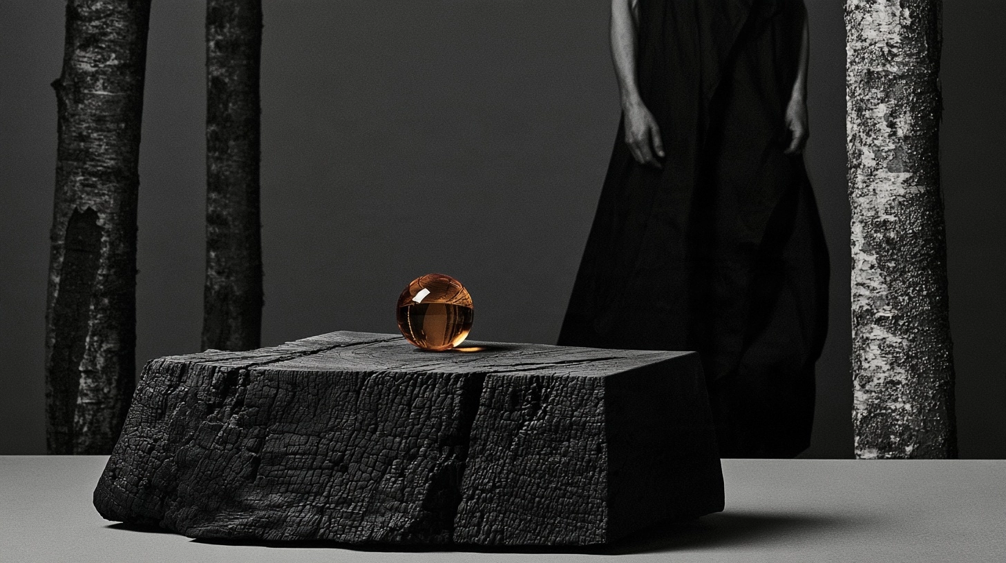 A glowing amber orb sits atop a charred wooden pedestal against a dark background with birch trees.