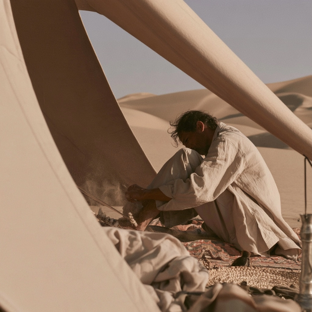 A man sitting inside a canvas tent overlooking vast sand dunes in a desert landscape.