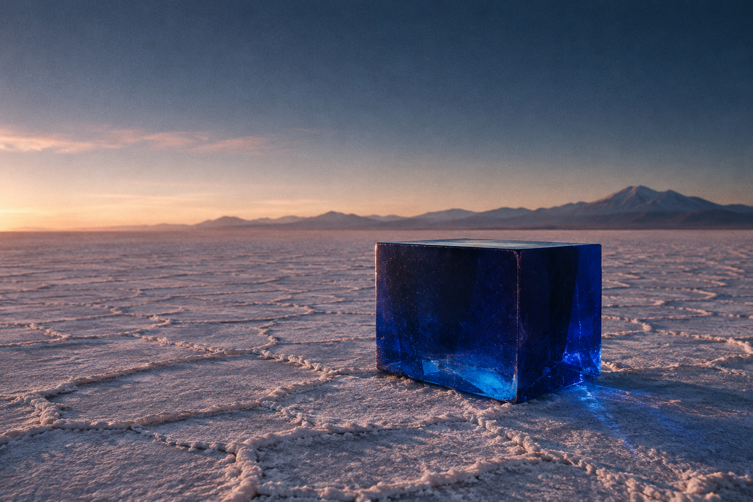 A glowing blue geometric cube resting on a textured white salt desert during sunset.