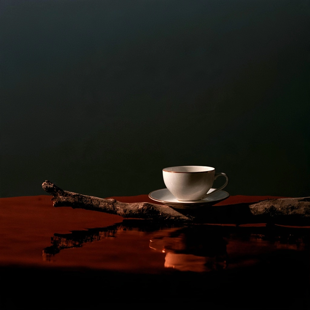 A white porcelain teacup on a saucer placed atop a rustic tree branch.