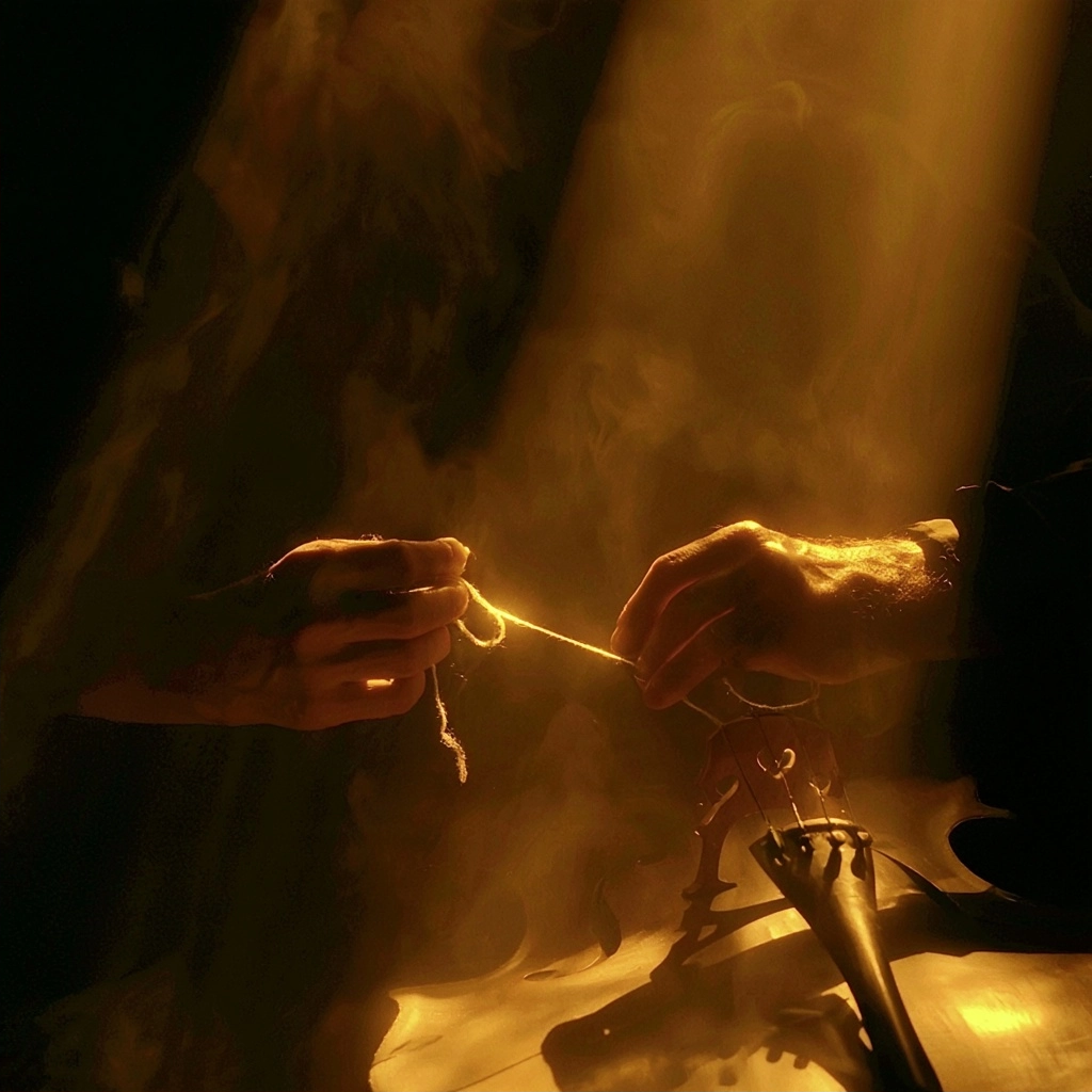 Close up of hands holding a thin thread in a hazy, golden-lit smoky environment.