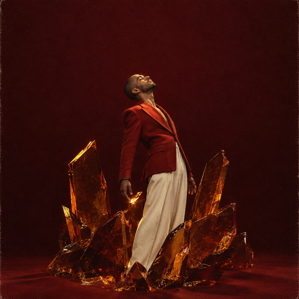 Man in red suit posing with large translucent orange crystals on a red backdrop.