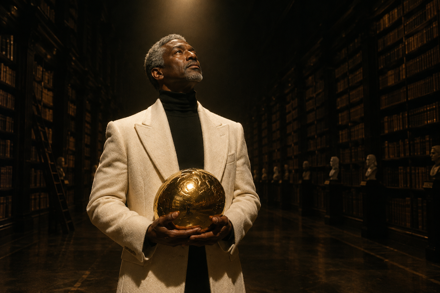 An older man with grey hair looking upward while holding a shiny gold orb in a library.