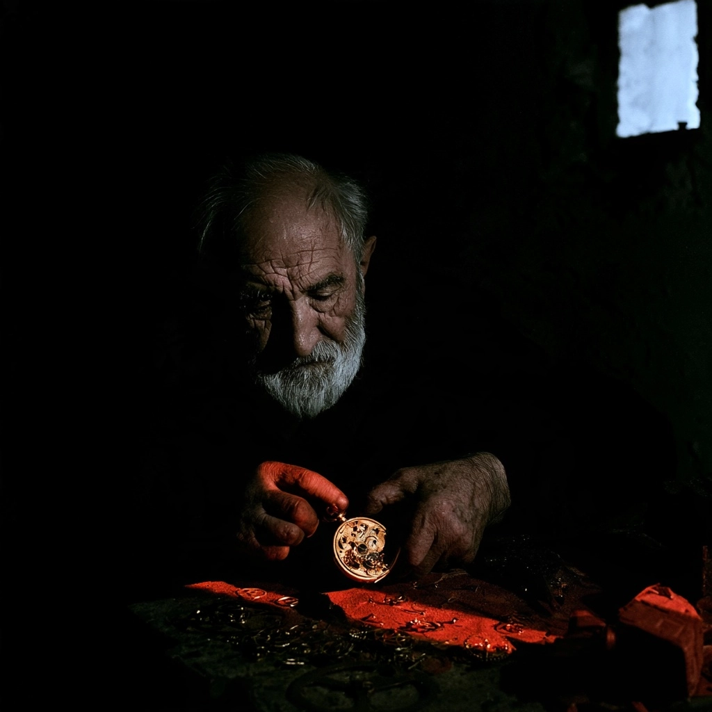 Close-up of an old man with a white beard looking down at a glowing golden pocket watch.