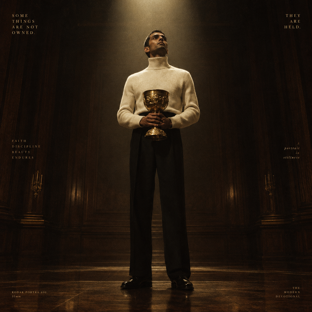 A man in a white sweater holding a gold cup against a dark, moody background.