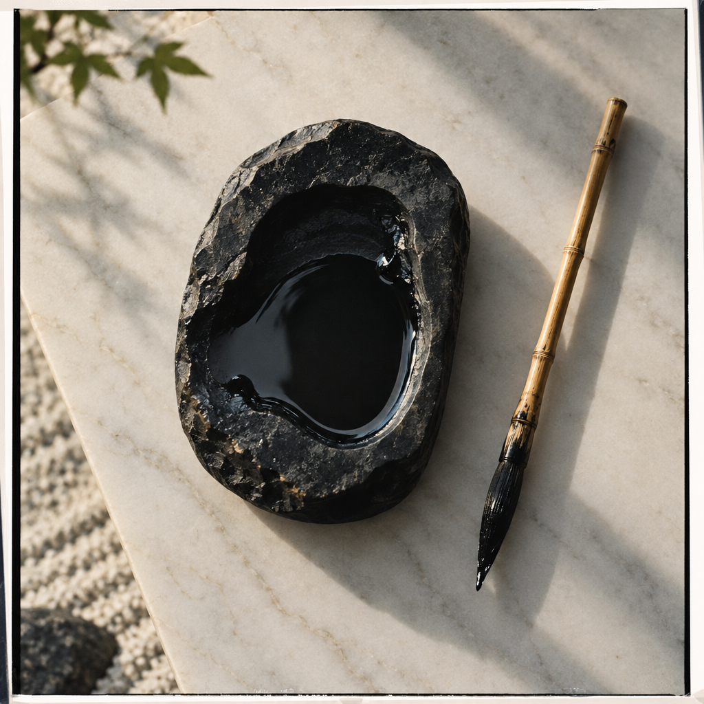 A black ink stone bowl and a bamboo calligraphy brush resting on a white marble tabletop.