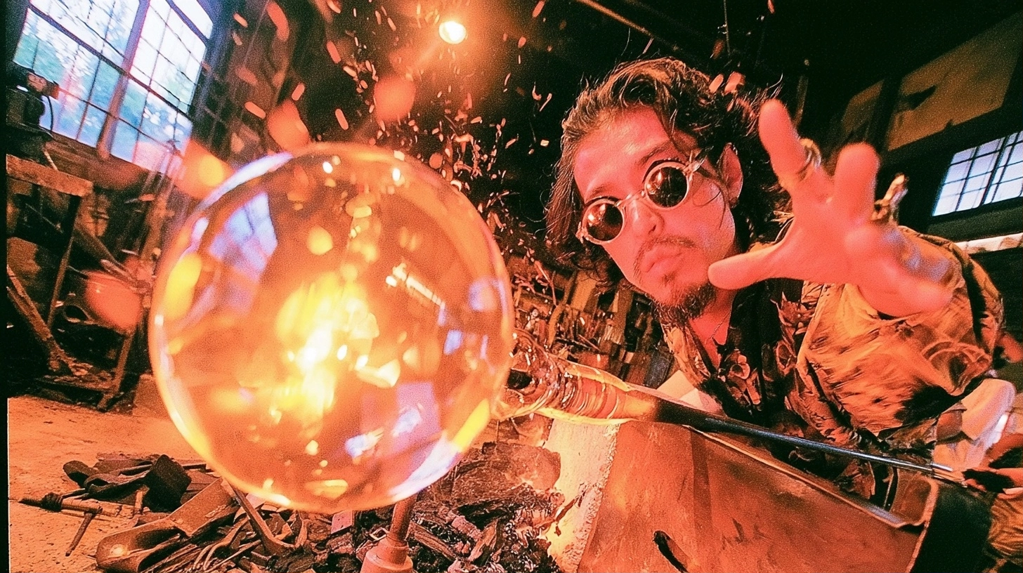 A man with sunglasses reaches toward a large, glowing orb of molten glass in a dark workshop.
