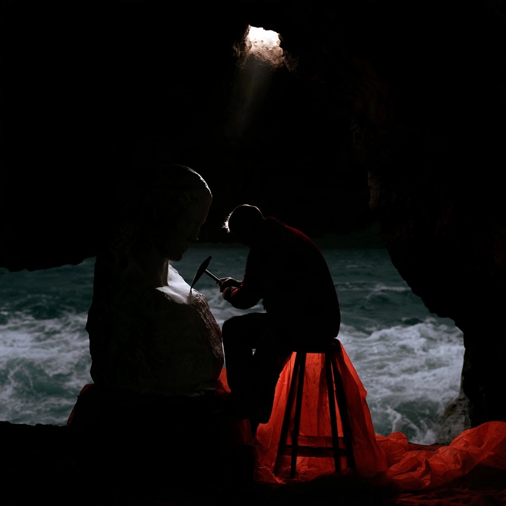 Silhouette of a person sitting on a red stool in a dark sea cave with waves crashing outside.