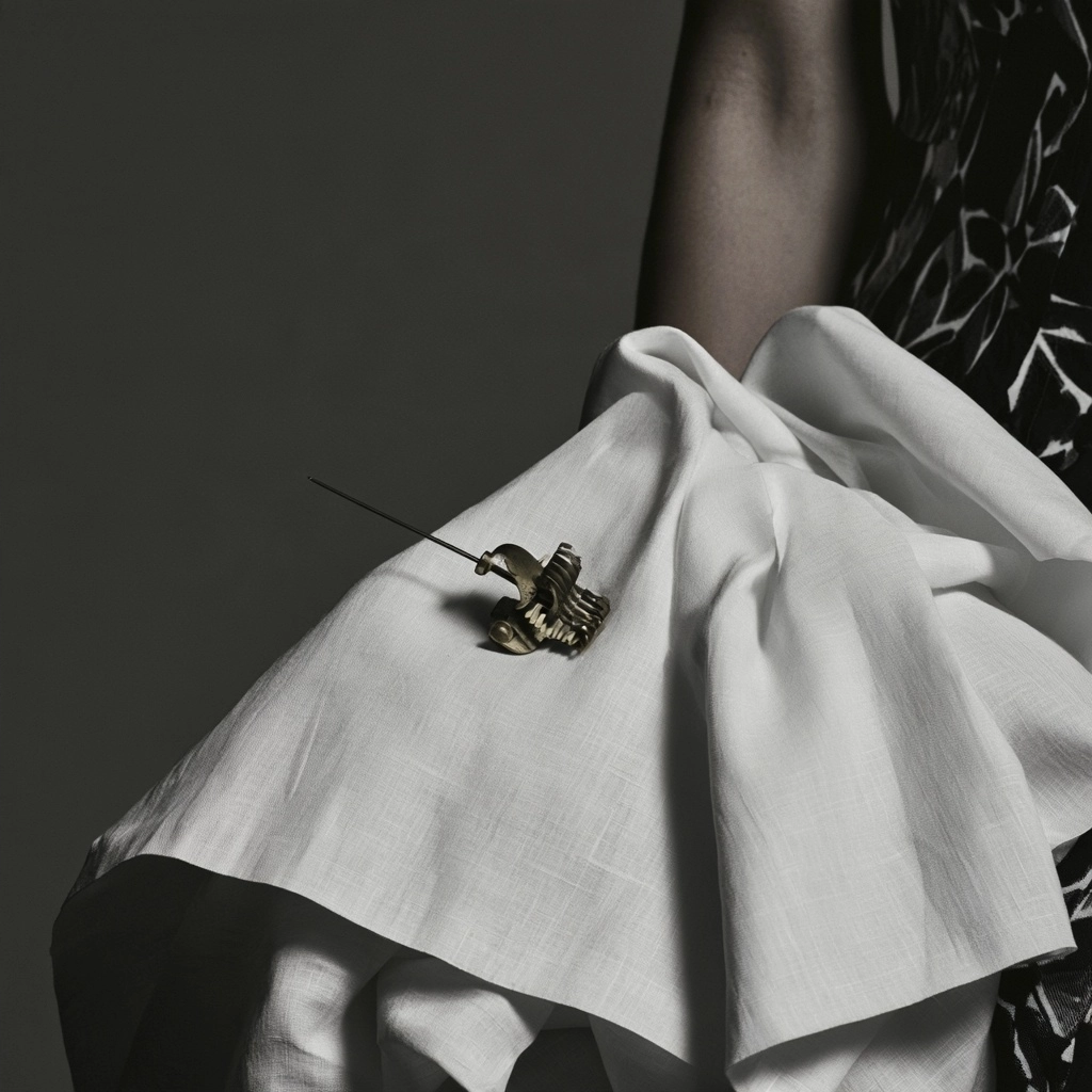A gold decorative brooch pinned onto voluminous white draped fabric in a black and white photograph.