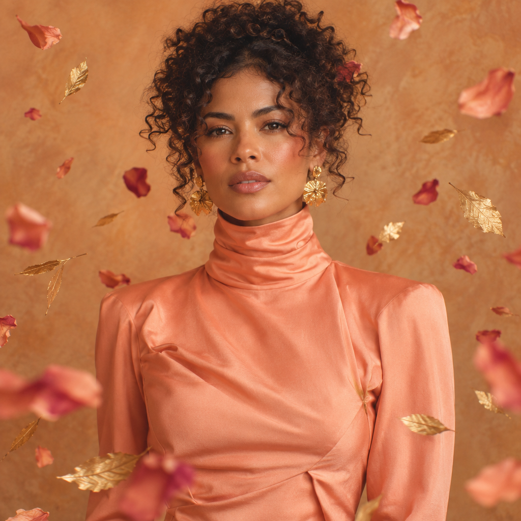 Portrait of a woman with curly hair in a peach satin turtleneck surrounded by floating pink and gold petals.