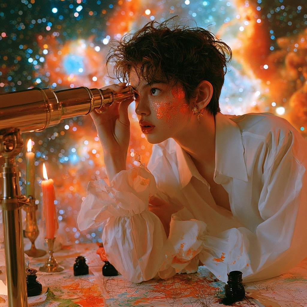 A person with sparkling face makeup peering through a vintage brass telescope against a dreamy light background.