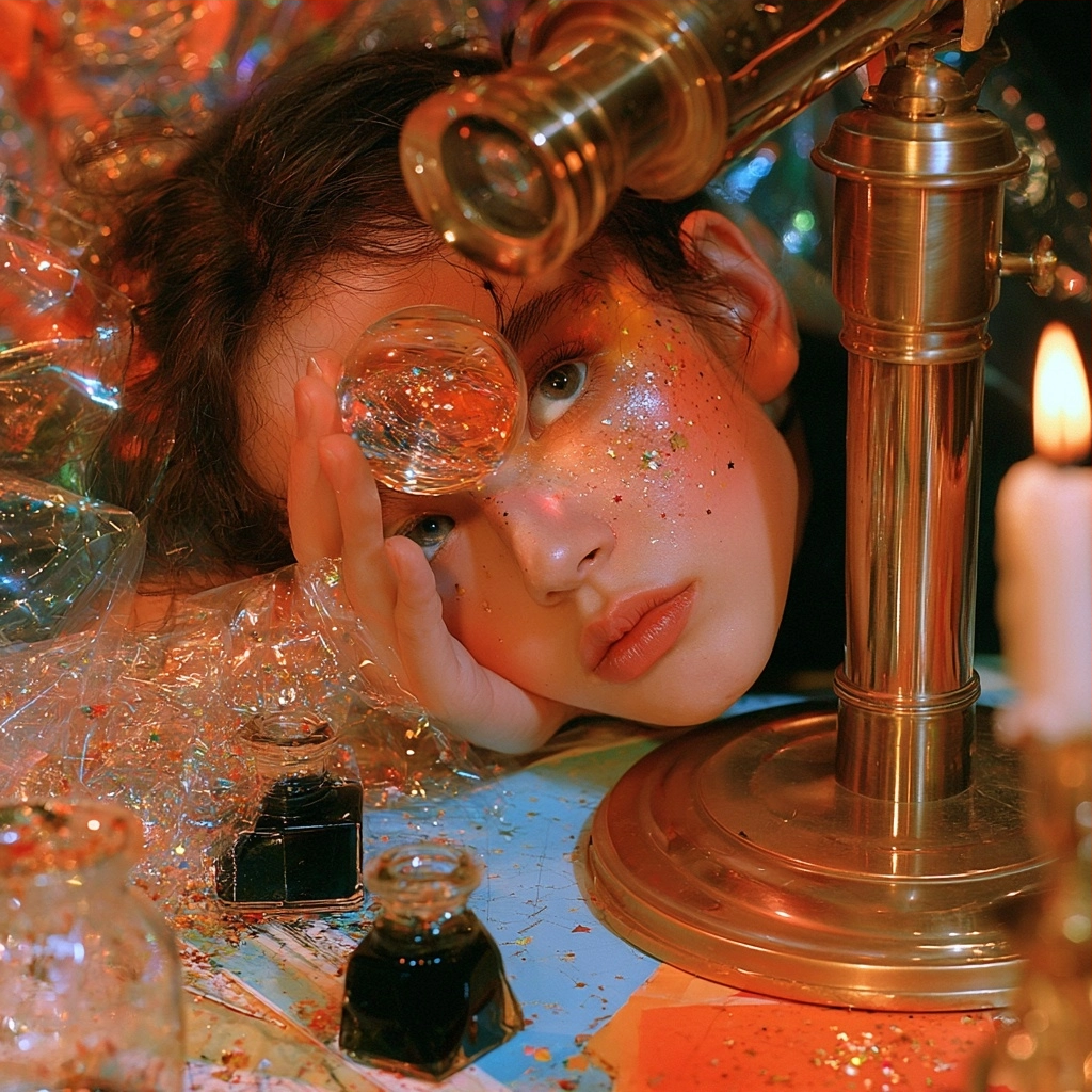Close up of a person's face looking through a glass sphere next to a vintage brass microscope.