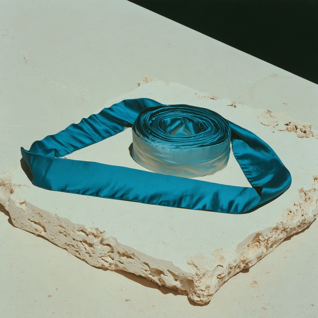 A roll of shiny teal satin ribbon placed on a textured white rock surface.