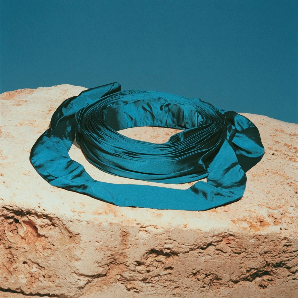 A swirl of shiny teal fabric resting on a rugged beige stone under a clear blue sky.