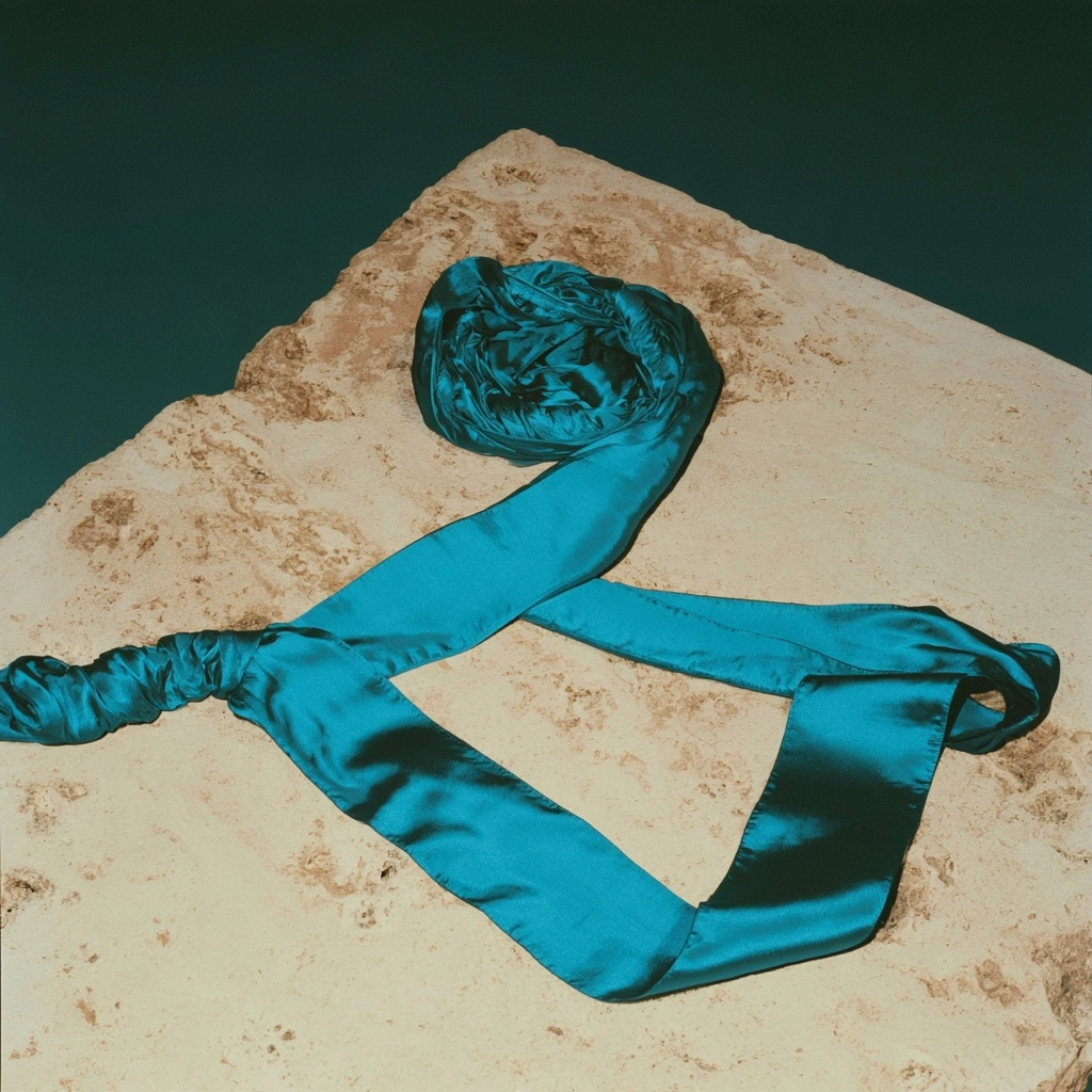 Shimmering teal satin ribbon flowing over a textured beige stone surface.