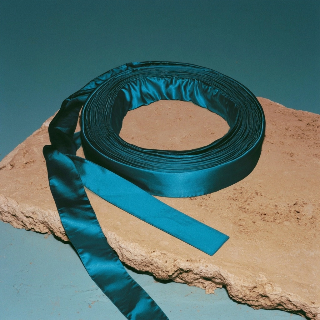 A coiled roll of shiny teal satin ribbon lying on a rough beige stone surface.