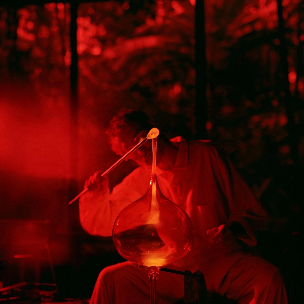 A glassblower shaping glowing molten glass in a dark room illuminated by red light.