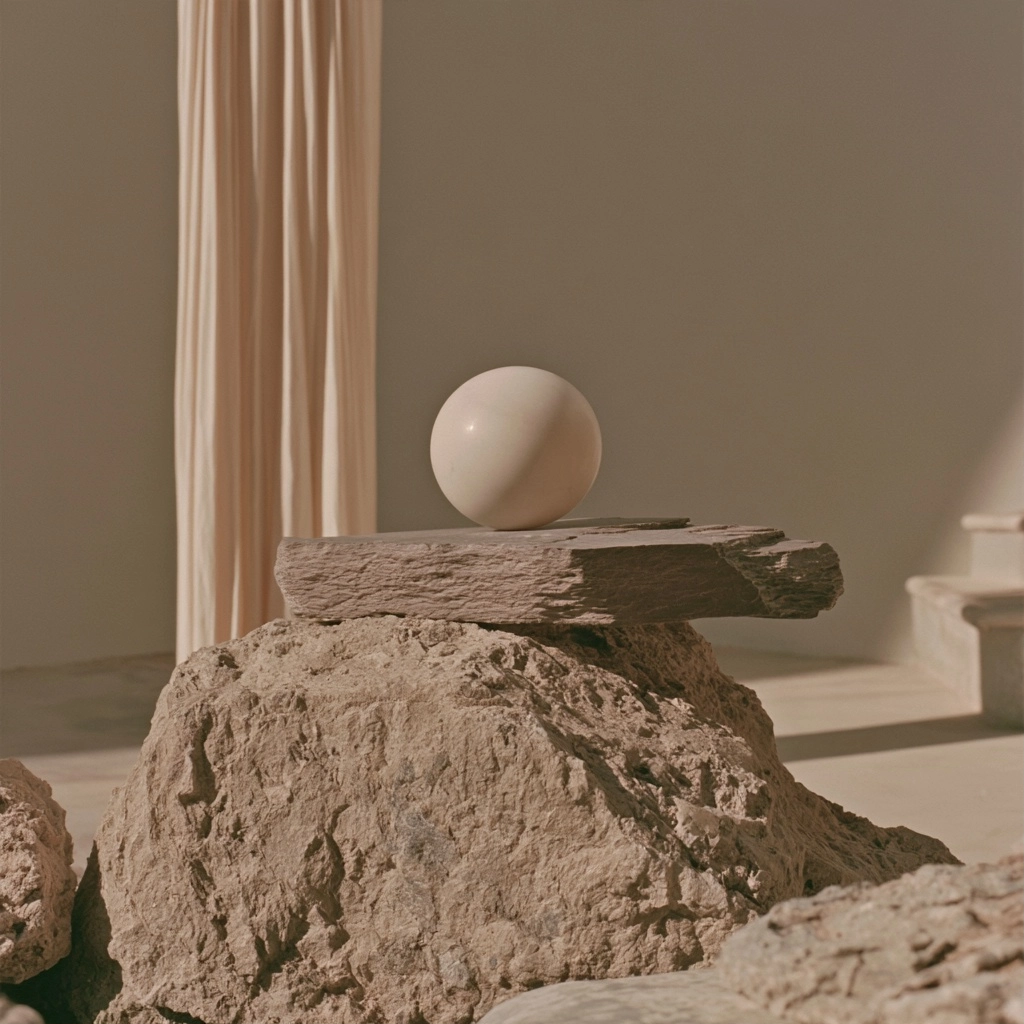 A white marble sphere balanced on a flat stone slab over a large textured rock in a minimalist setting.