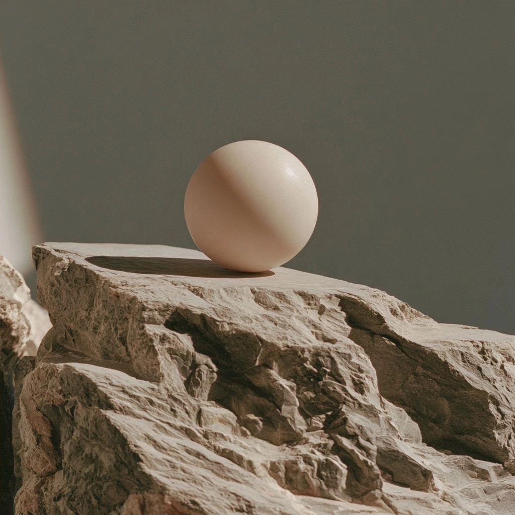 A white orb balanced on a textured beige stone surface against a gray background.