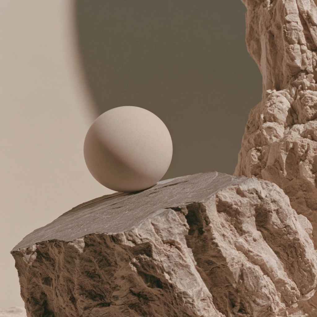 A smooth tan sphere balanced on a jagged, light brown stone surface against a soft background.
