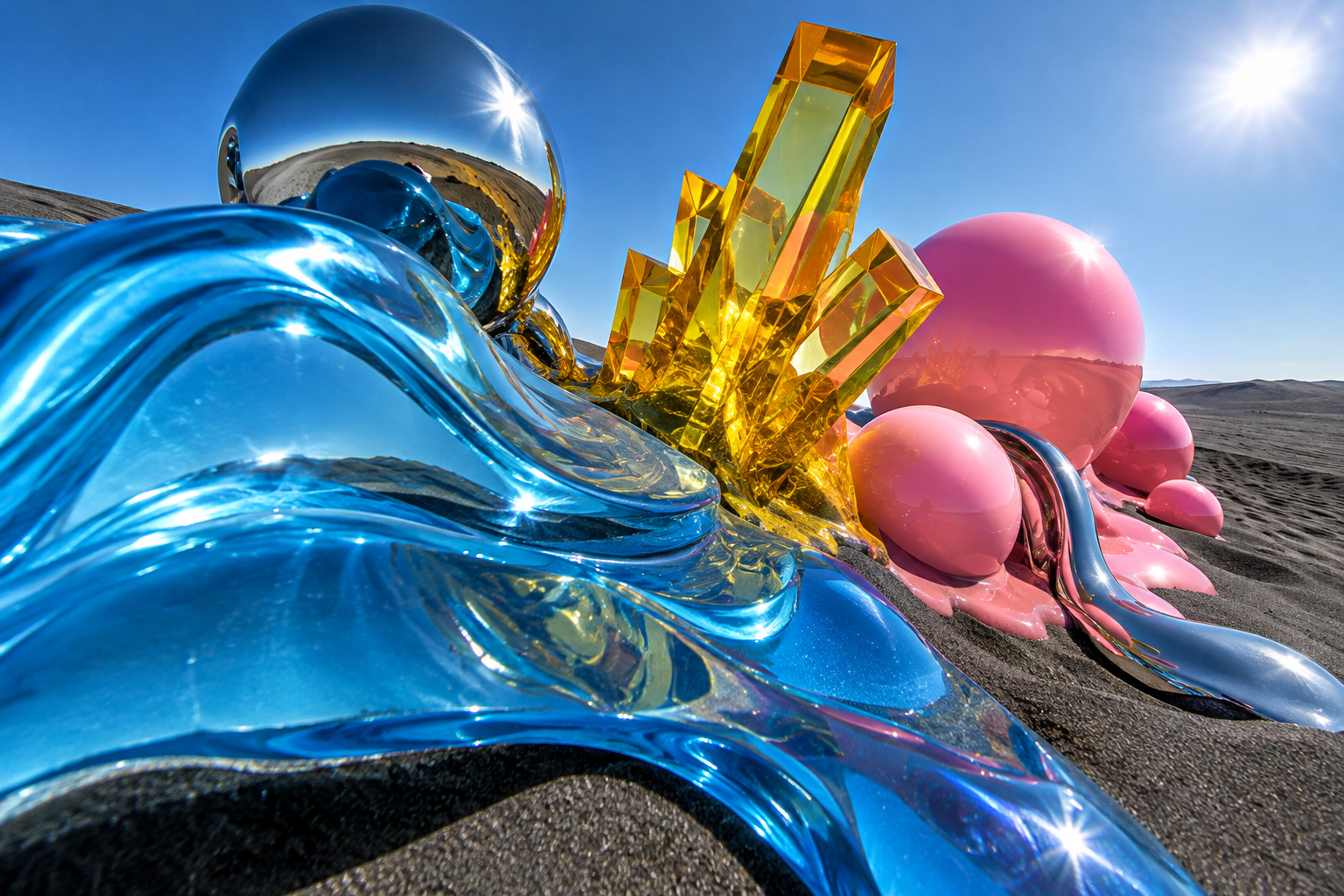 Colorful translucent glass sculptures in blue, yellow, and pink resting on dark sand under a bright sky.