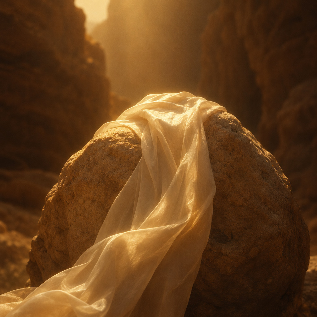 Sheer white cloth flowing over a large boulder in a sun-drenched rocky canyon.