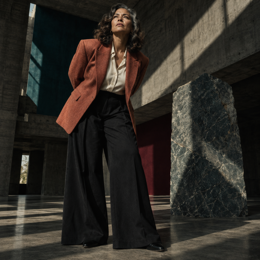 A woman posing in a rust blazer and black wide-leg pants within a brutalist concrete building.
