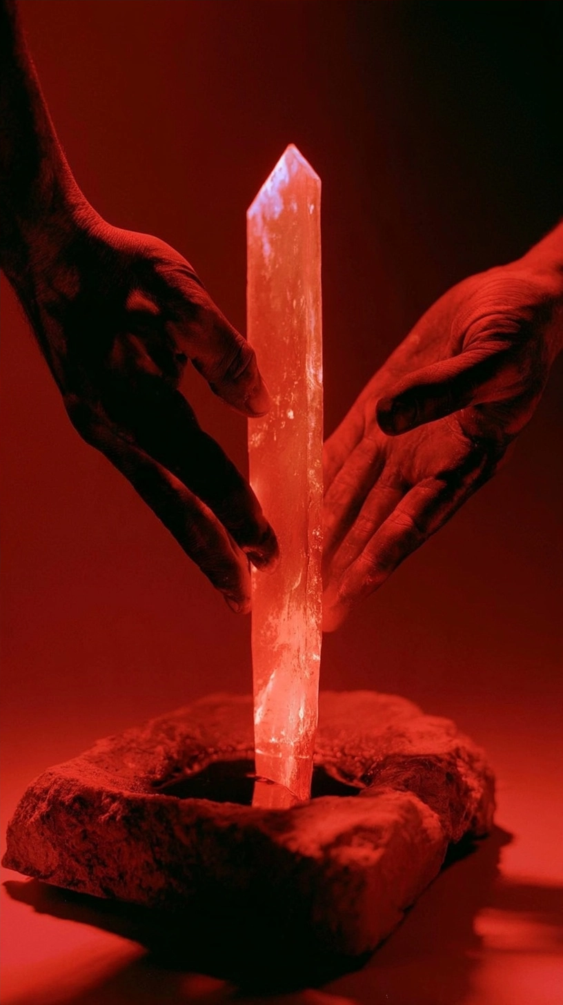 Hands grasping a tall, glowing pink crystal shard emerging from a rough stone pedestal in red light.