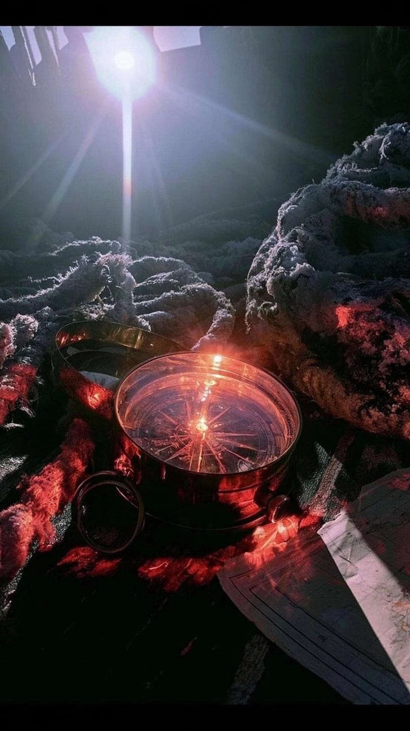 A glowing red compass sits amidst thick, dark nautical ropes under a single bright spotlight.