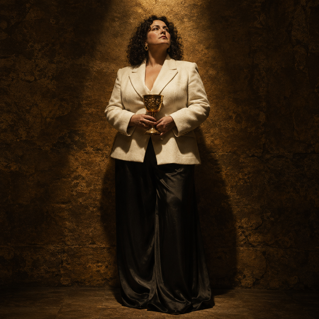 A woman in a white blazer and black skirt holding a gold cup against a dark textured background.