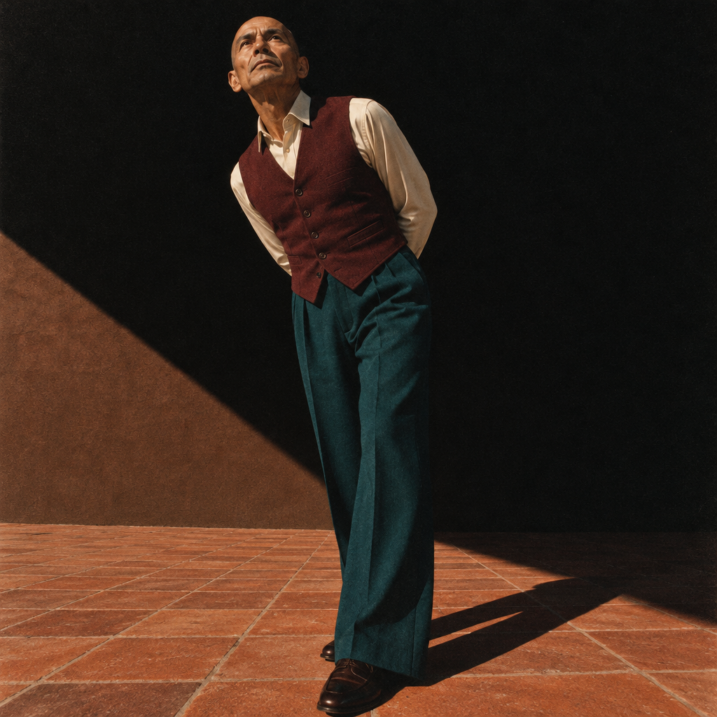 A man wearing a burgundy waistcoat and dark teal pants posing in dramatic lighting.