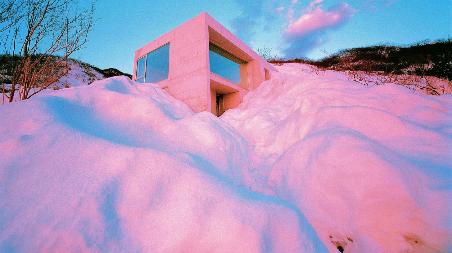 A minimalist concrete structure emerging from massive drifts of pink snow against a blue sky.