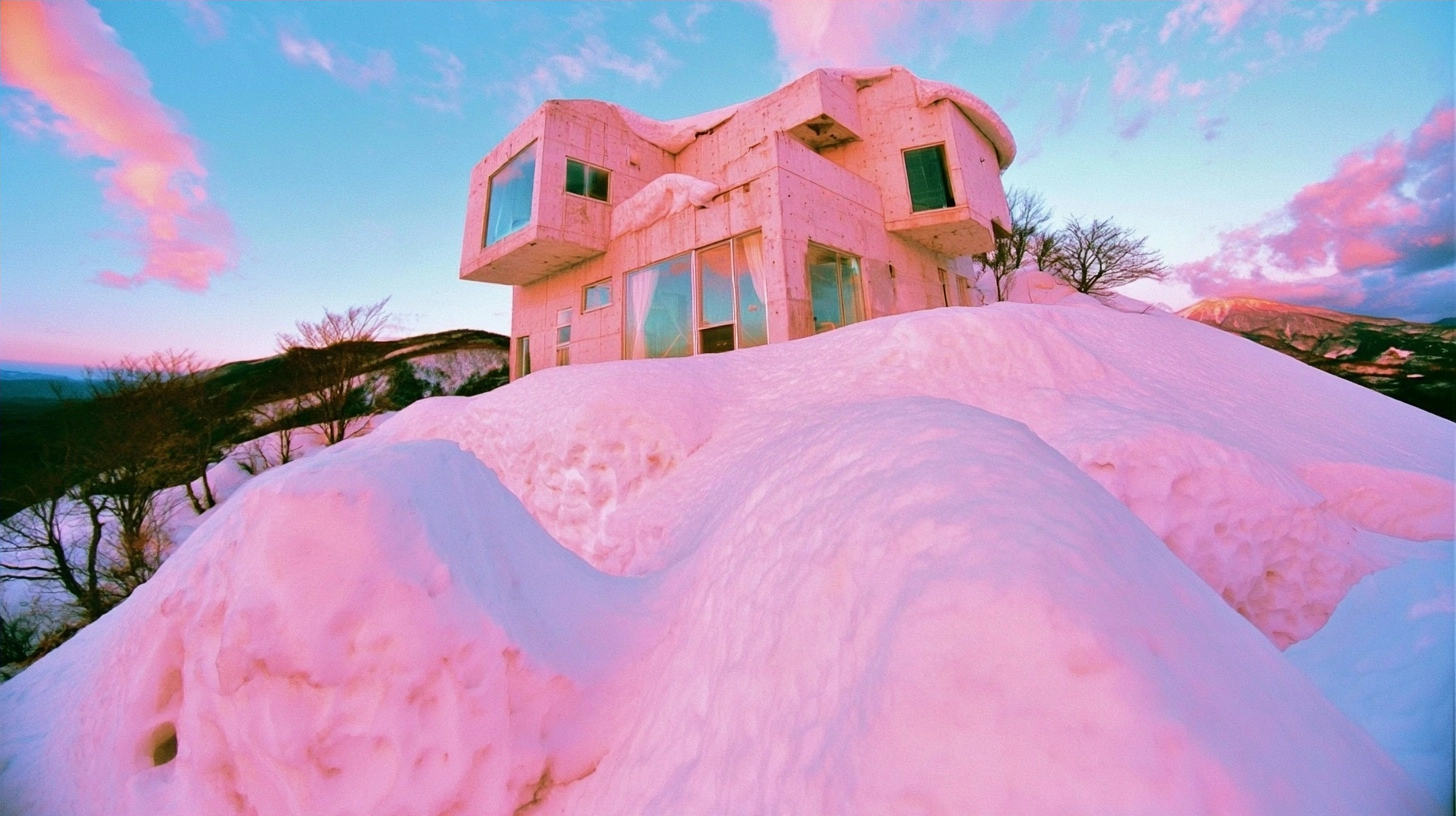 A unique pink concrete house nestled in deep snow during a colorful sunset.