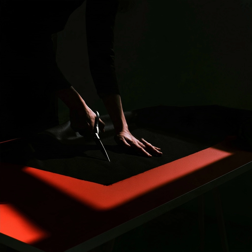Close up of hands using scissors to cut black cloth under a red spotlight.