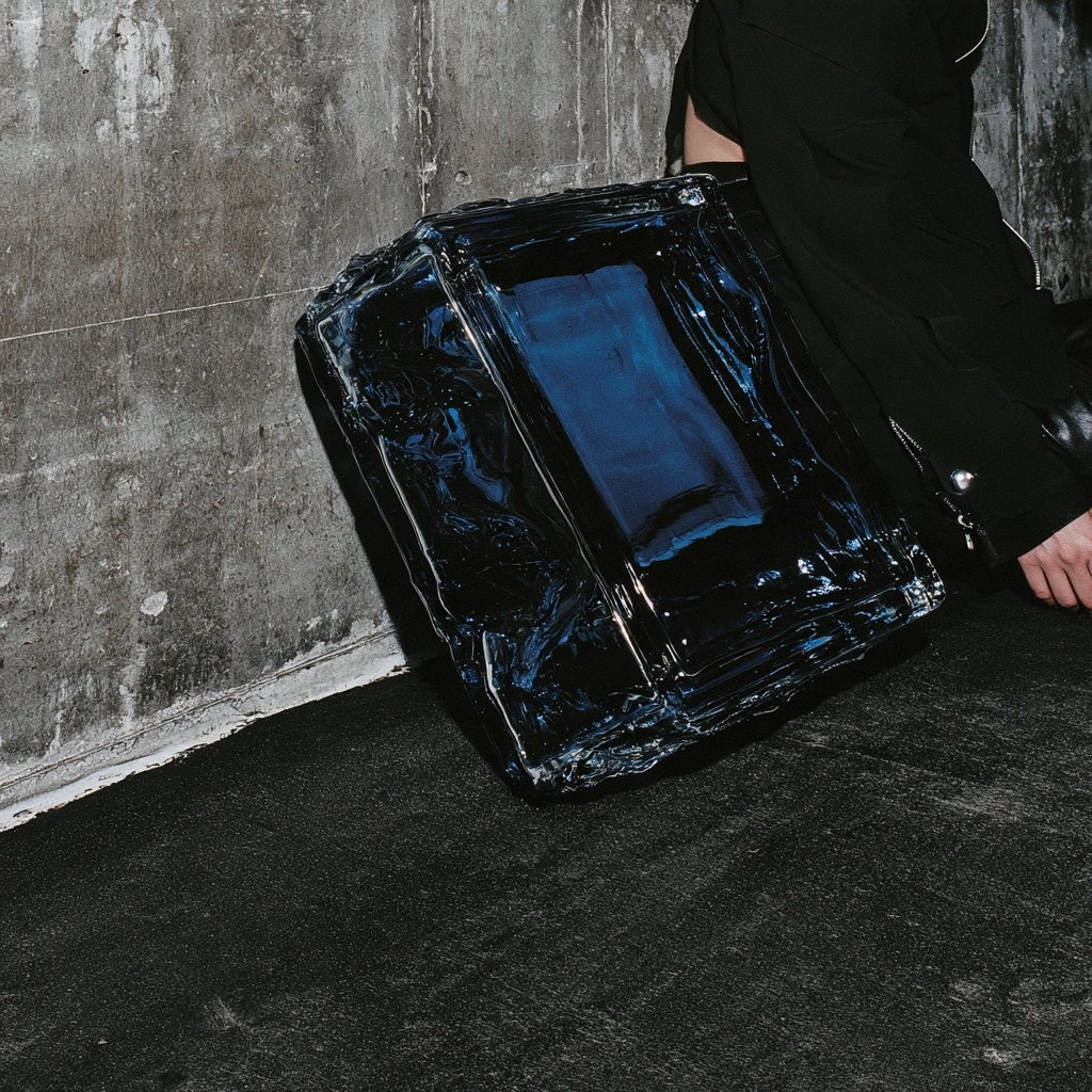 A person holding a large, glowing blue translucent rectangular object against a textured gray concrete wall.