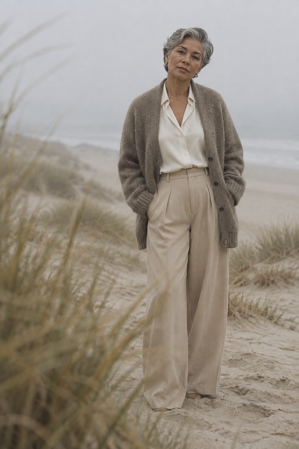 A woman with grey hair wearing a beige cardigan and wide-leg trousers standing on a misty beach.