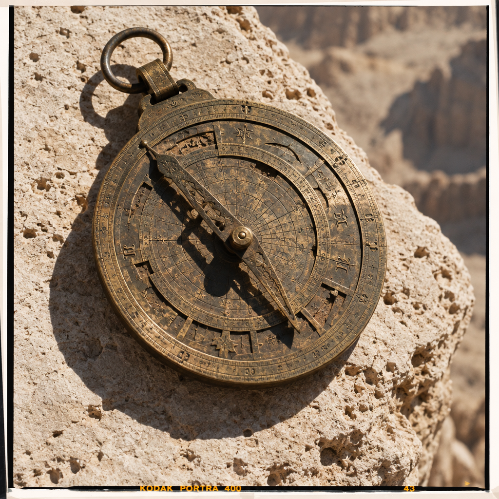 Close-up of a vintage brass nautical compass lying on a rough stone surface.