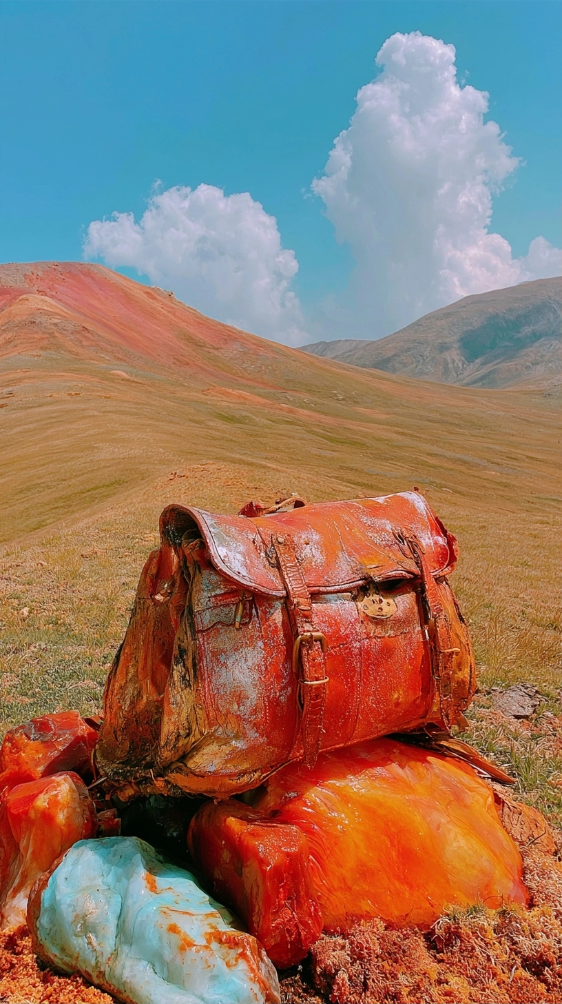 A worn orange leather satchel resting on vibrant orange and blue mineral rocks in a hilly terrain.
