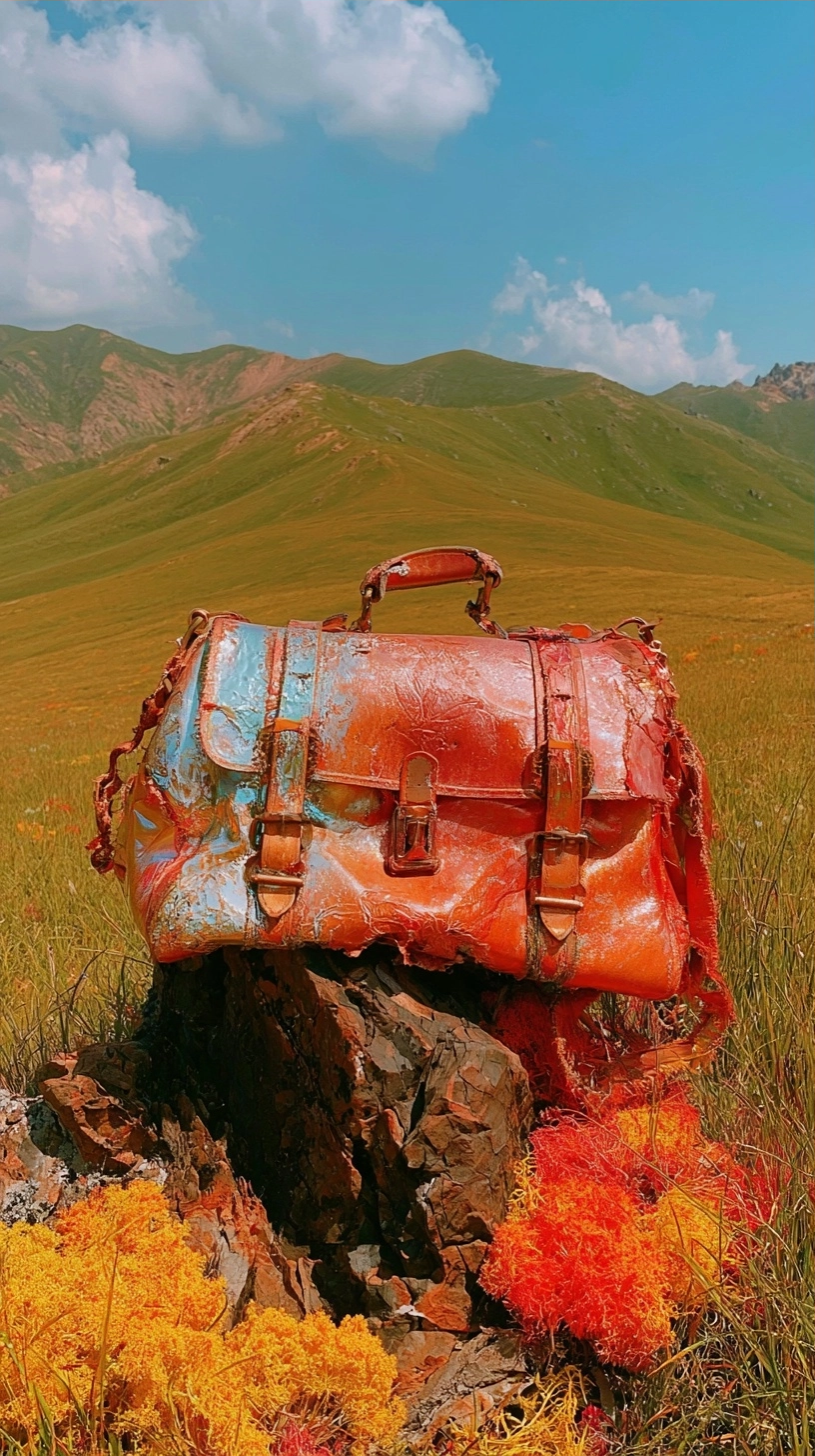 A textured orange leather bag resting on a dark rock amidst green hills and wildflowers.