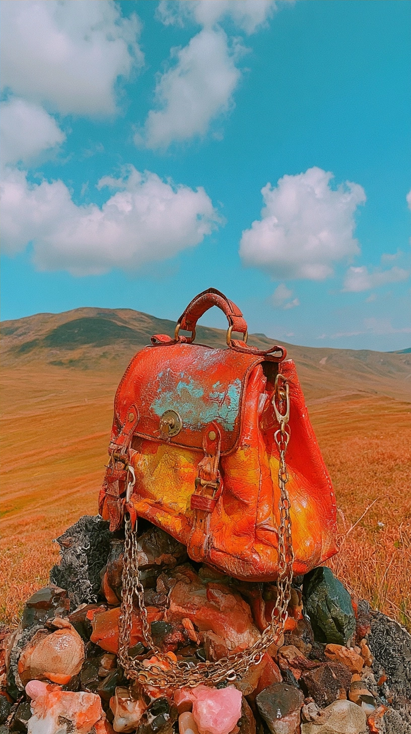 A textured orange leather handbag resting on a pile of stones in a vast meadow.