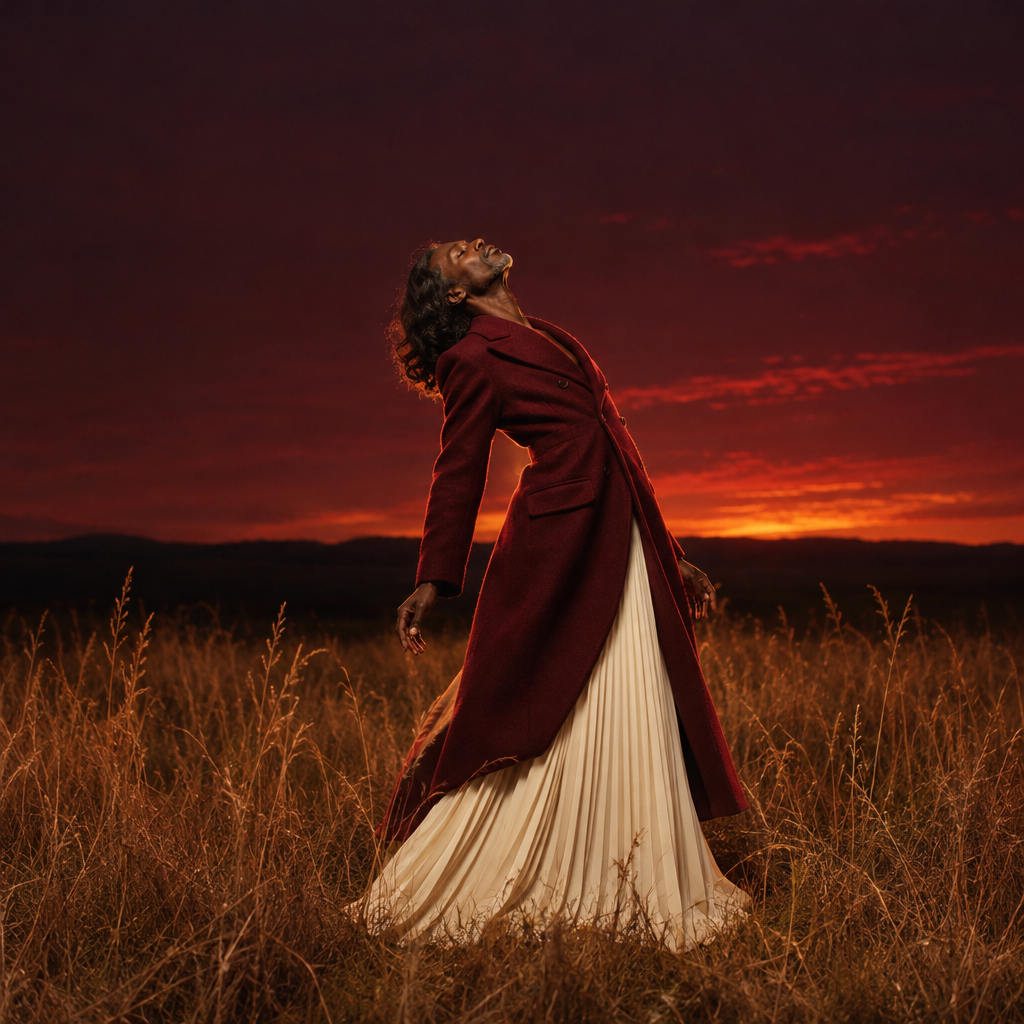 A person wearing a long red coat and white skirt posing in a golden field during a vibrant sunset.