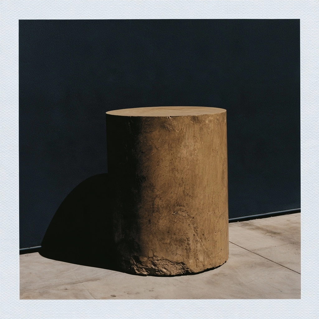 A textured brown cylindrical clay pedestal centered against a dark navy background.