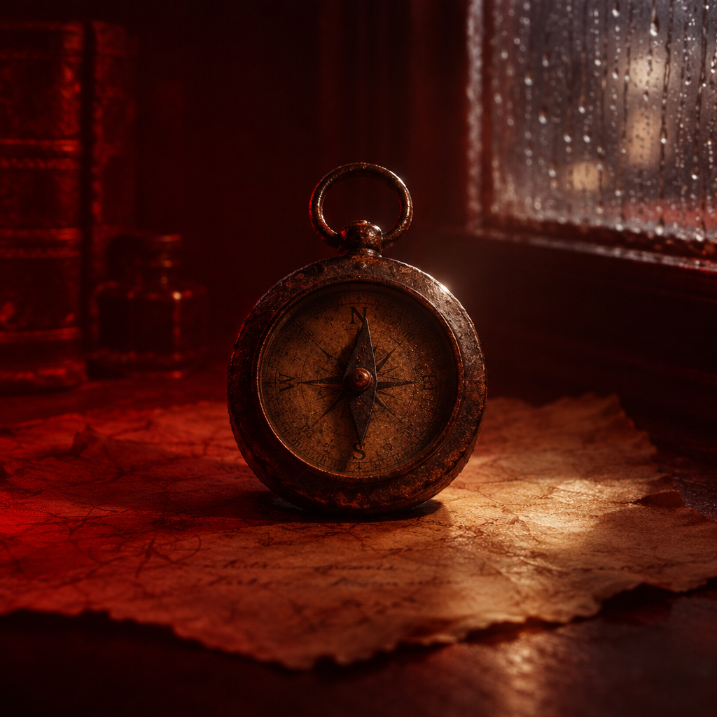 A close-up of a vintage brass compass sitting on old parchment paper by a window with raindrops.