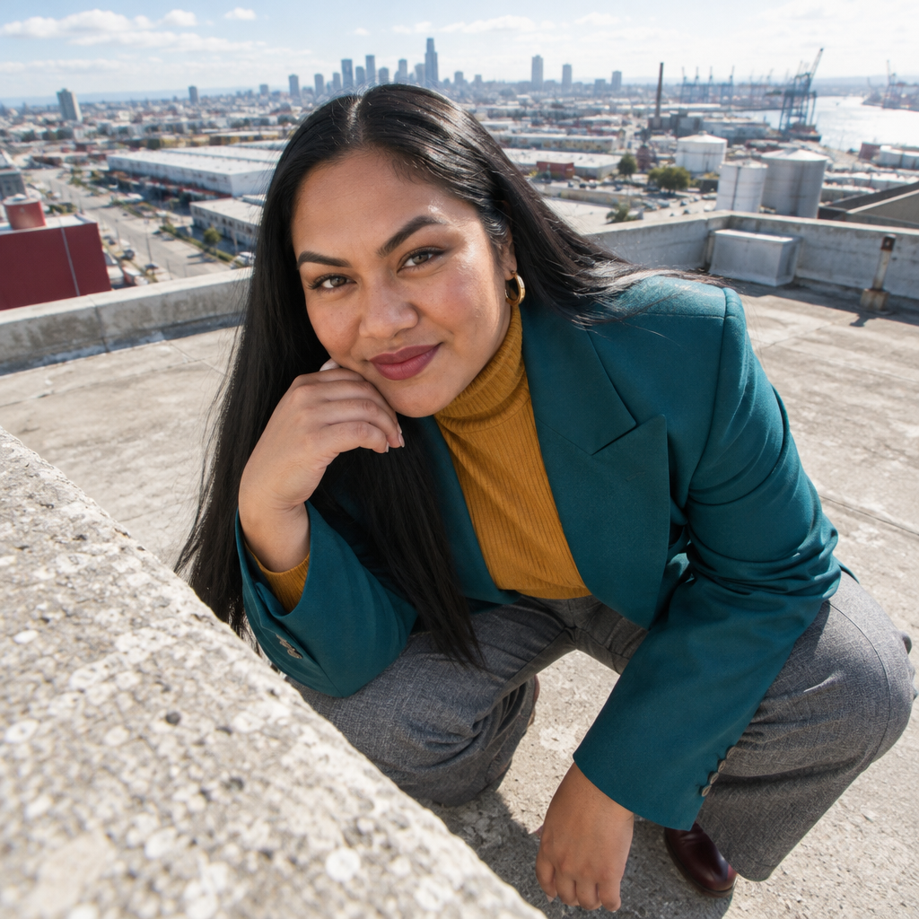 A smiling woman in a teal blazer and yellow turtleneck posing on a concrete rooftop with a city background.