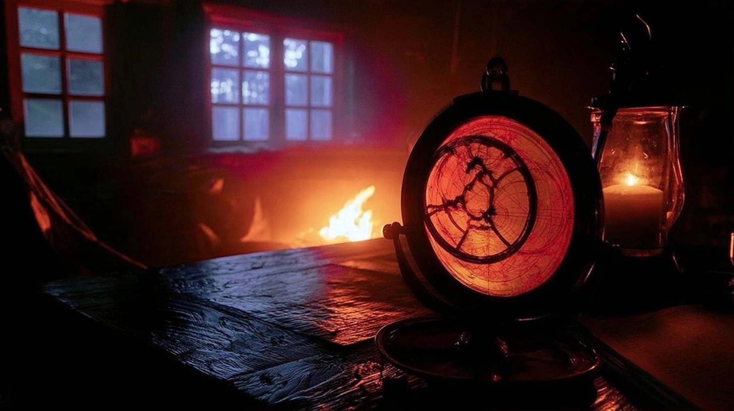 A glowing mystical orb device on a dark wooden table next to a lit candle in a dim room.