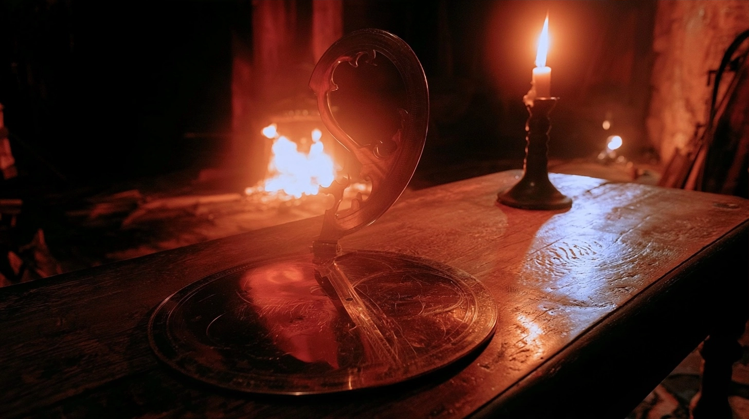 A lit candle and a curved metal decorative piece on a dark wooden surface.