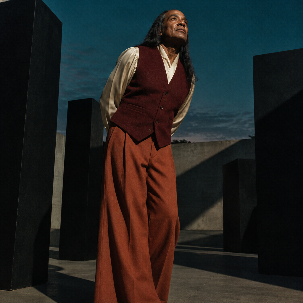 Low angle shot of a man in vintage-style clothing standing amidst large black geometric pillars.