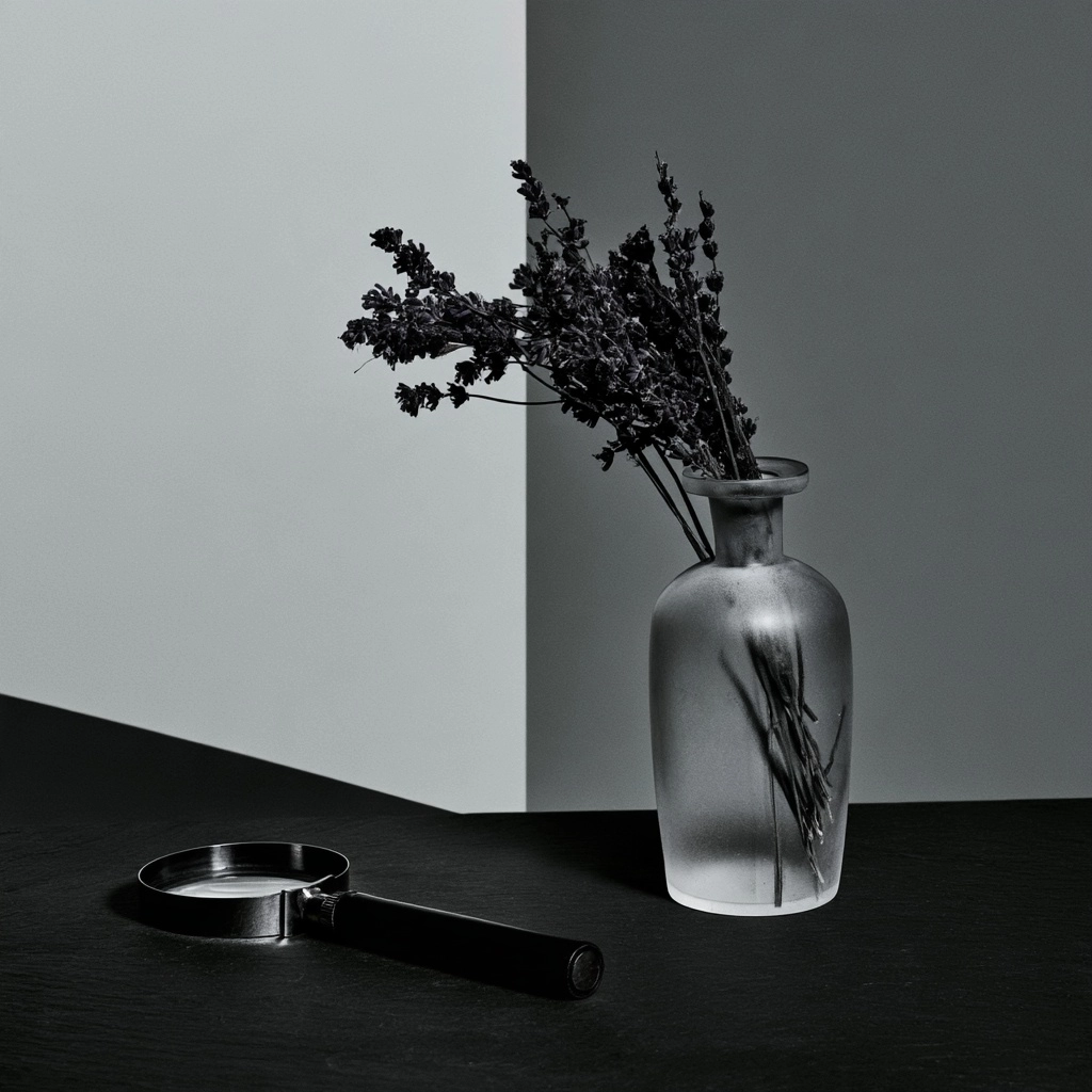 Minimalist monochrome still life featuring dried flowers in a frosted vase and a magnifying glass.