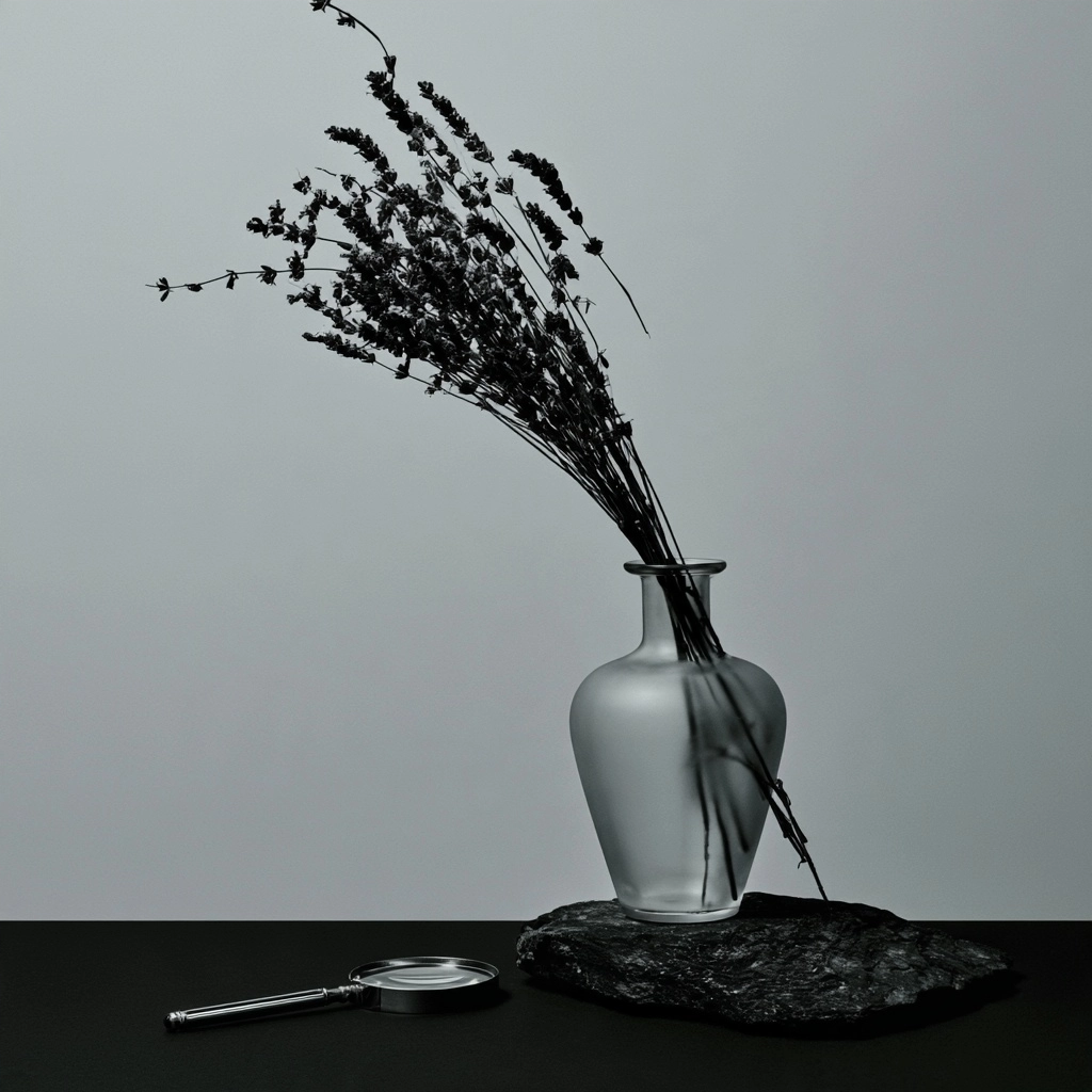 Black and white still life of dried lavender in a frosted vase with a magnifying glass on a dark surface.